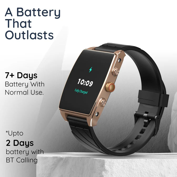 2.06” Amoled Display, BT Calling, Health Suite, AOD, Rotating Crown, Premium Metal Build, AI Voice Assistant, World Clock, Alarm & Notifications